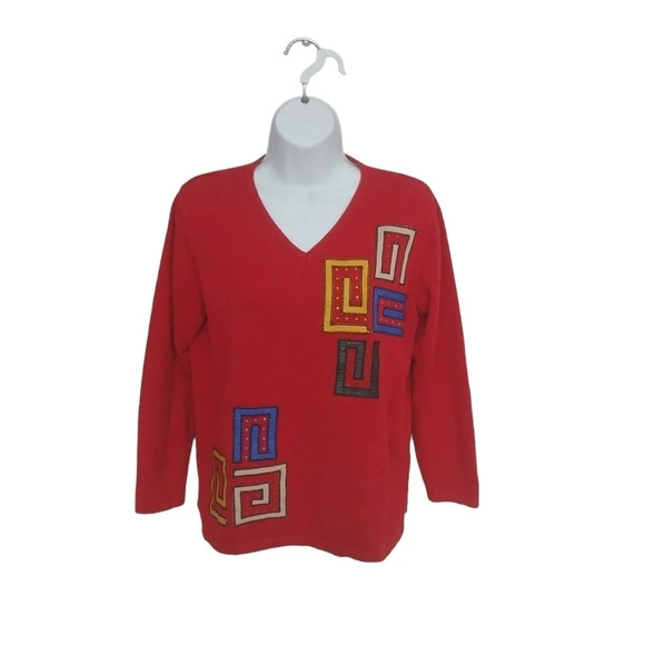 Red Geometric Maze  Design Cotton Knit Sweater S - Picture 3 of 8